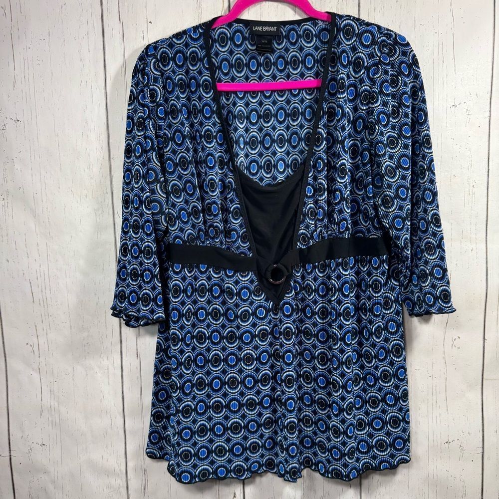 Lane Bryant Womens Babydoll Blue V Neck Boho Dots 3/4 Sleeves Flowy Tunic Top